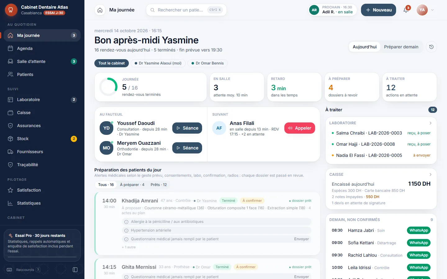 DentistePro, tableau de bord « Ma journée » d’un cabinet dentaire : rendez-vous du jour, patients au fauteuil, caisse et confirmations