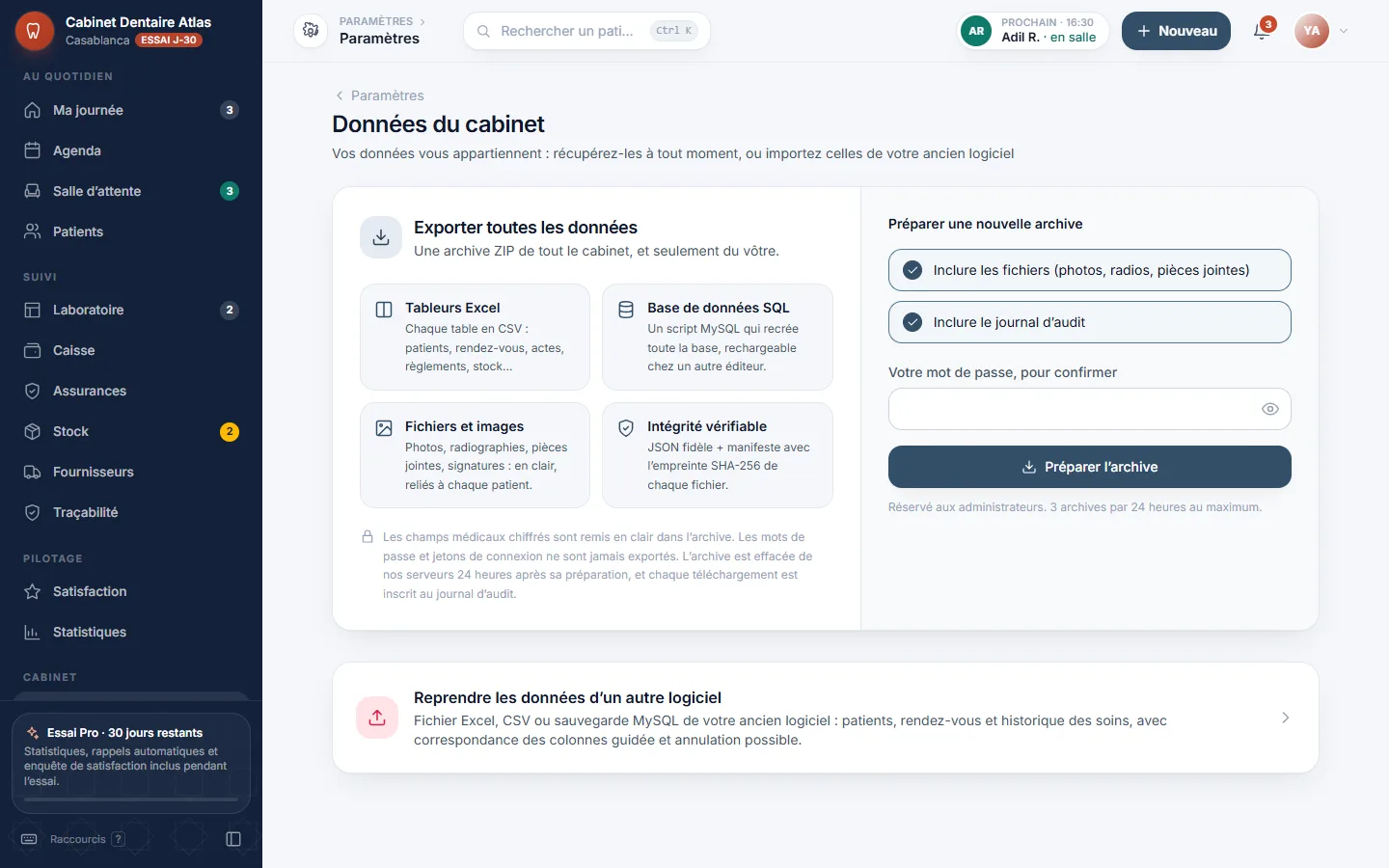 Export complet des données du cabinet DentistePro : tableurs Excel, base SQL, fichiers et images
