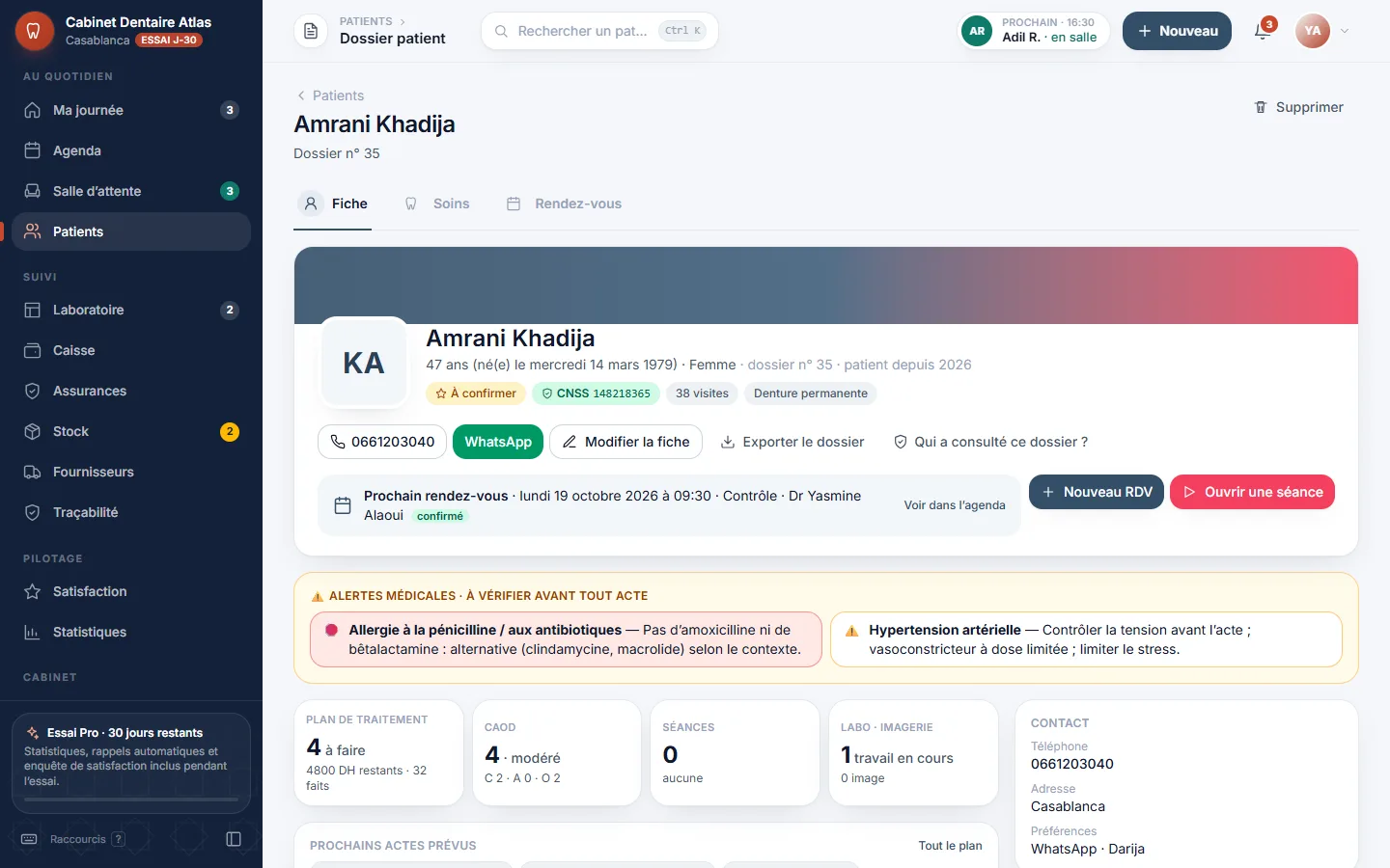 Fiche patient DentistePro : en-tête, prochain rendez-vous, plan de traitement, indice CAOD et contact