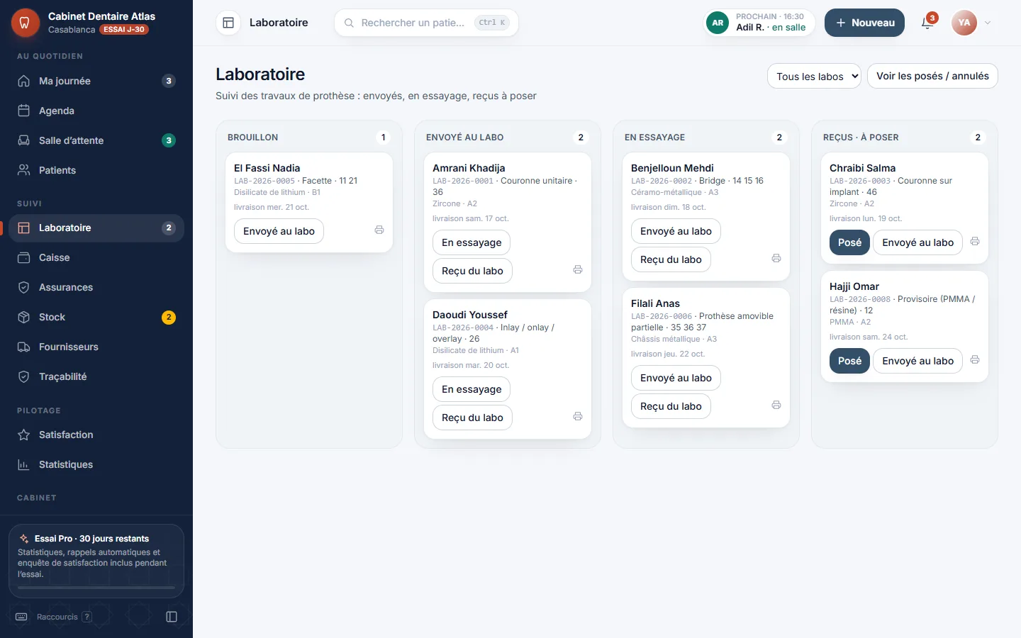 Suivi des travaux de laboratoire DentistePro