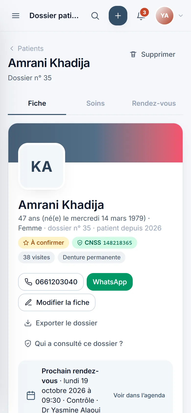 Fiche patient sur téléphone