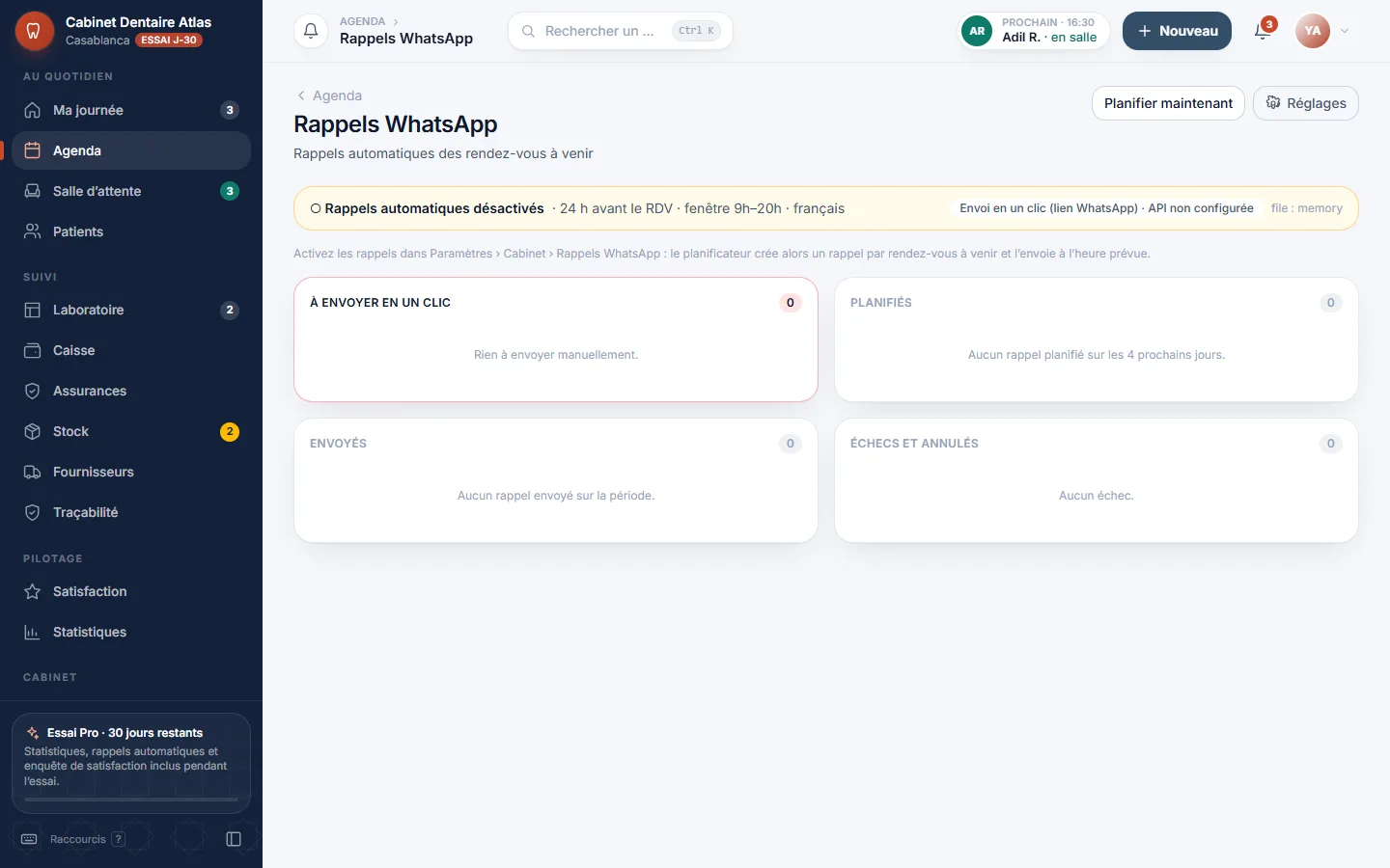 Rappels WhatsApp DentistePro : rendez-vous à rappeler, statut d’envoi et réponses des patients