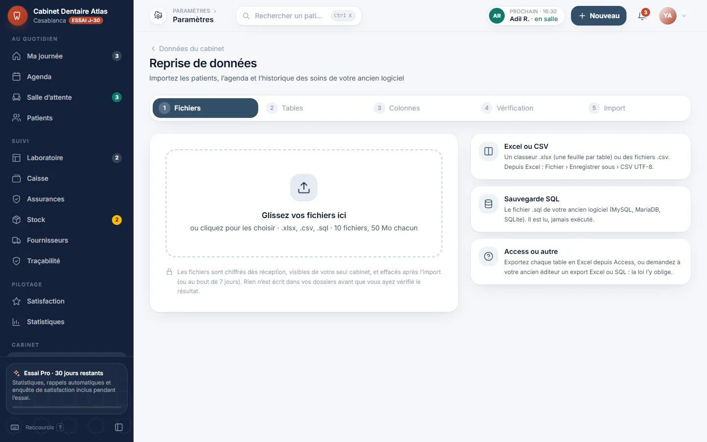 Assistant de reprise de données DentistePro : dépôt de fichiers Excel, CSV ou SQL