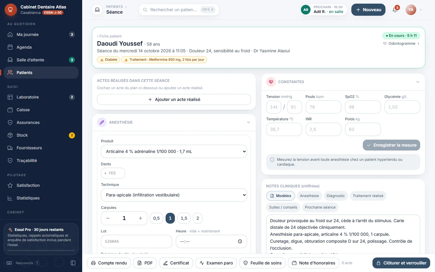 Séance clinique DentistePro : notes de séance, actes réalisés, anesthésie et ordonnance