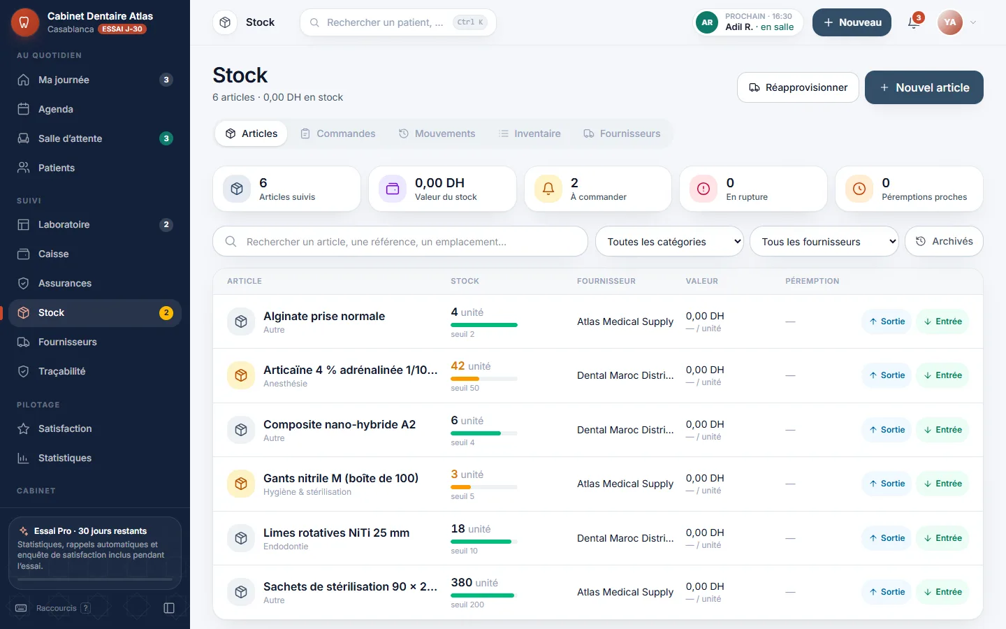 Stock du cabinet DentistePro : articles, quantités, seuils d’alerte et péremptions